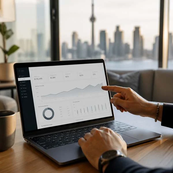 Revenue analytics dashboard for Airbnb property management displayed on laptop with skyline background