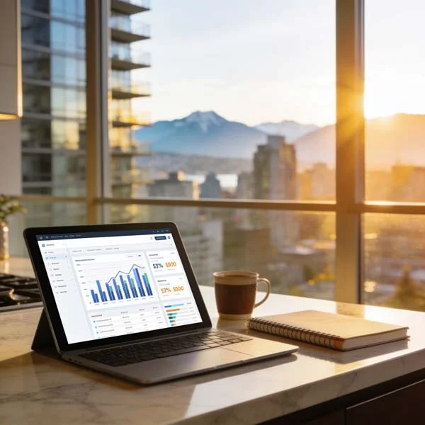Revenue performance dashboard on a laptop inside a luxury Vancouver condo during sunset overlooking the city and mountains
