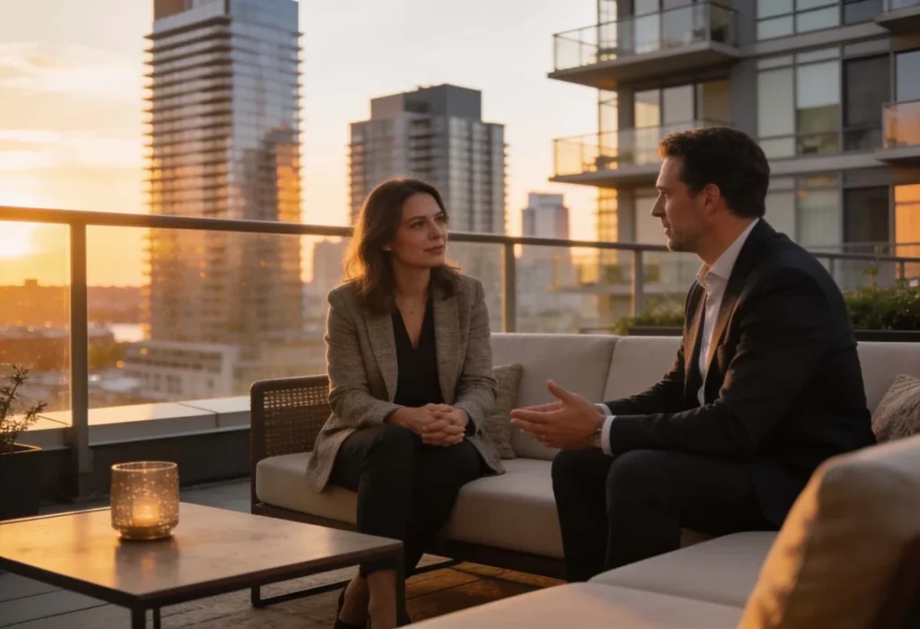Rooftop terrace consultation between Airbnb property owner and management professional during sunset in downtown Mississauga