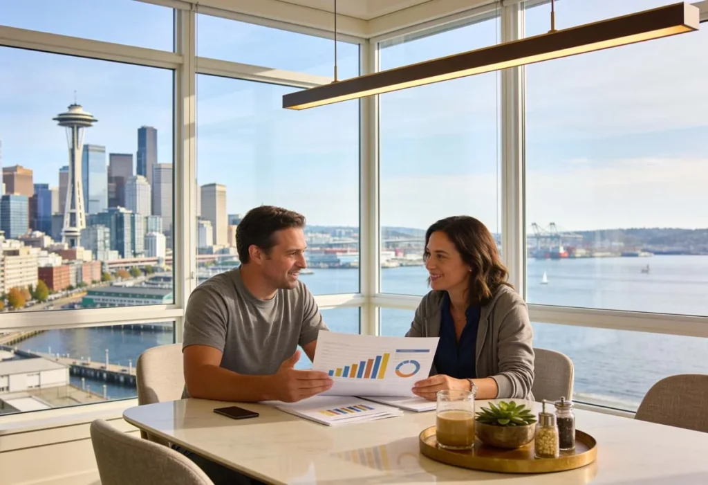 Seattle Airbnb consultation between a property manager and homeowner inside a condo overlooking the city skyline