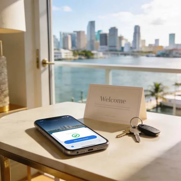 Smartphone, keys, and welcome setup inside a Fort Lauderdale vacation rental condo