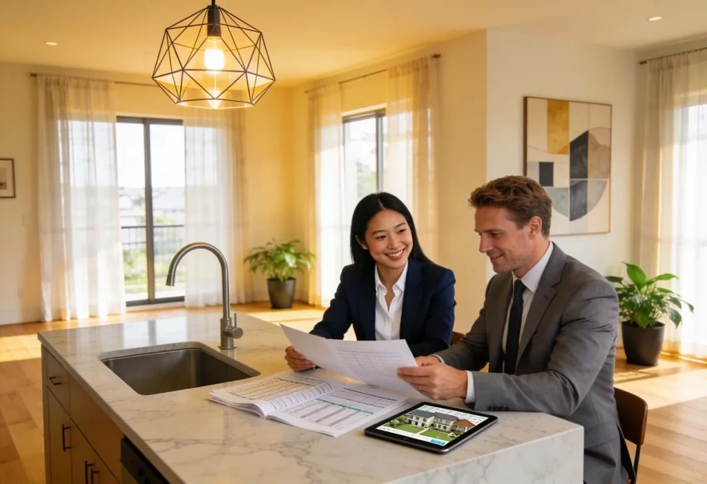 Smiling homeowner and property manager having a strategy meeting in a well-lit modern home