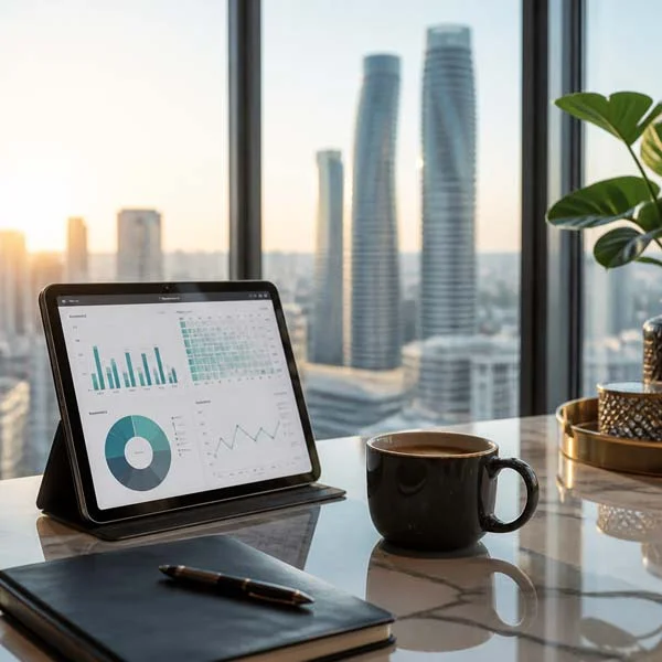 Tablet displaying rental analytics and revenue performance inside a modern Mississauga condo office overlooking the city skyline at sunrise