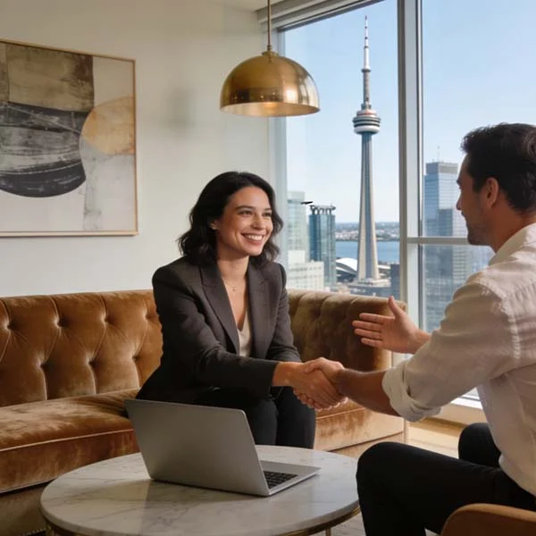 Toronto property manager meeting with a condo owner inside a luxury downtown apartment