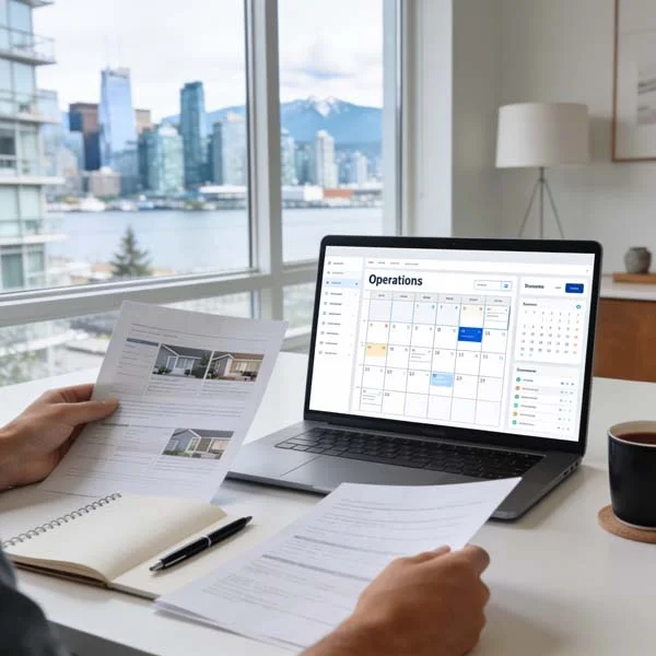 Vancouver property management dashboard and booking calendar viewed from a modern condo office overlooking the city skyline and mountains