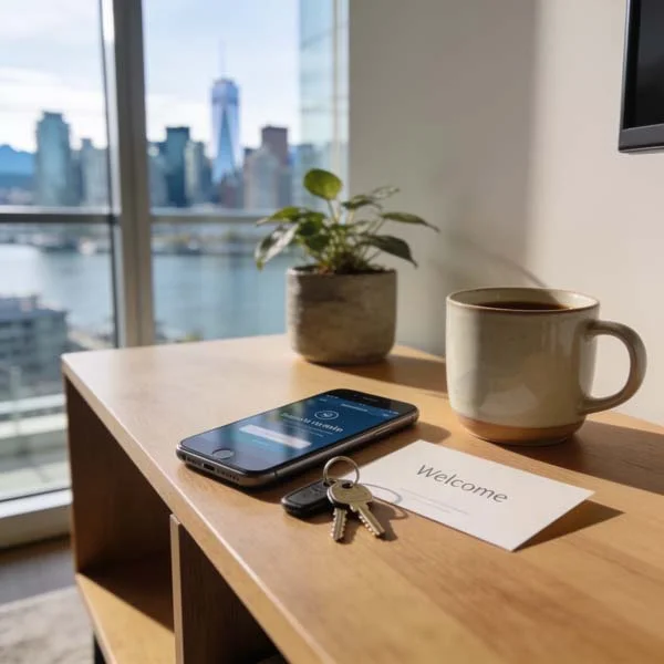 Welcome setup inside a Vancouver Airbnb featuring smartphone check-in, house keys, coffee mug, and city skyline view