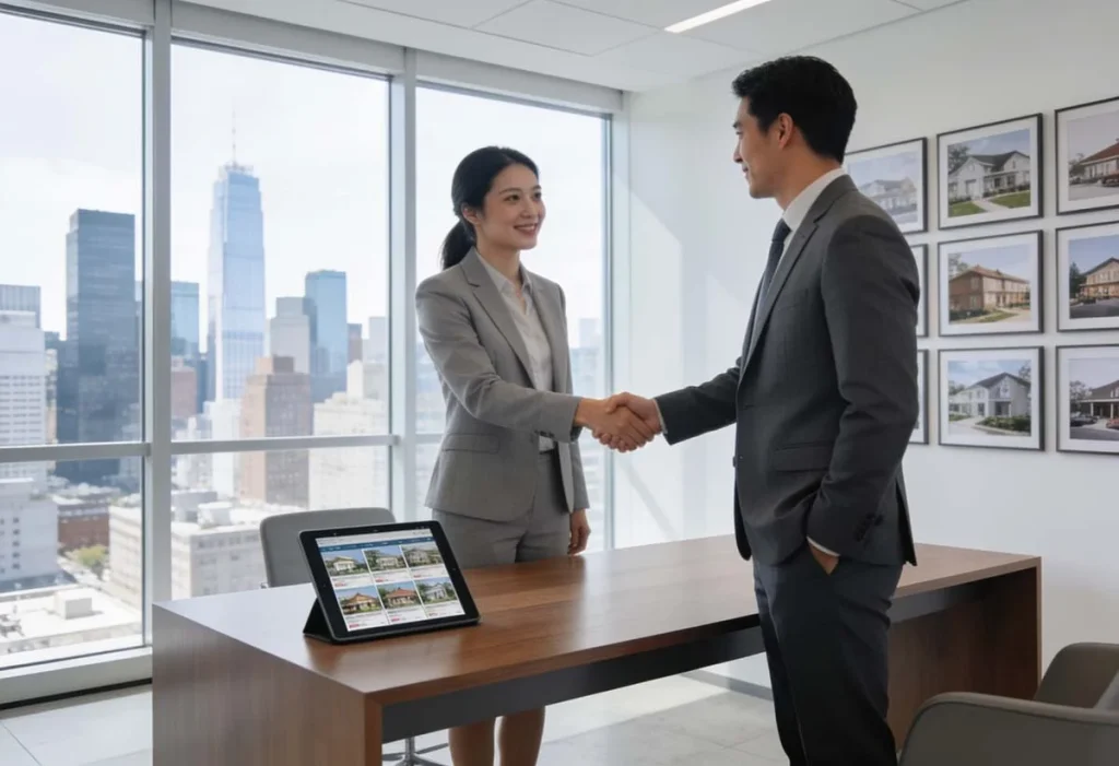 Two people shaking hands in a bright modern real estate office