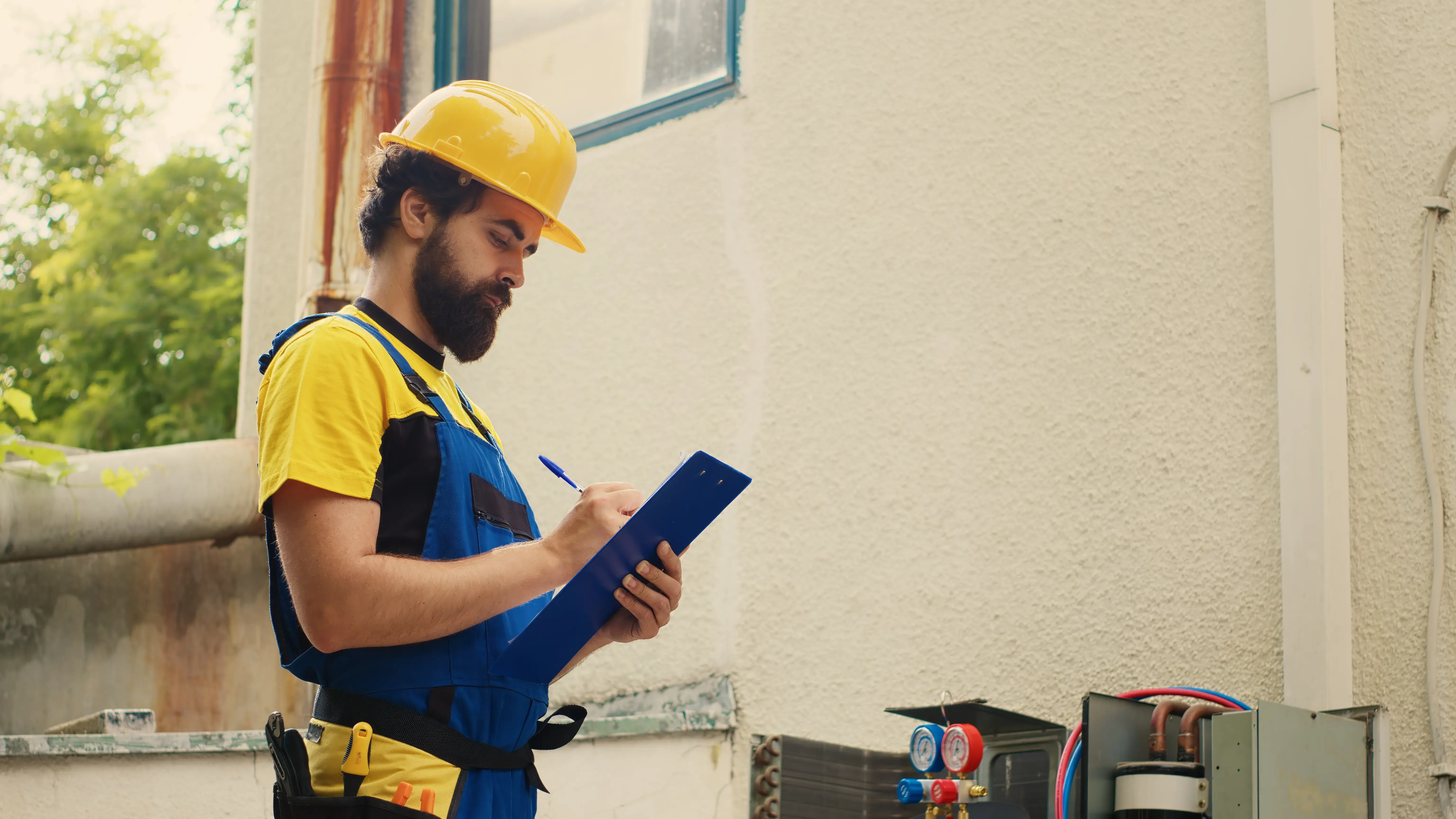 A home inspector points out building details to a client outside a modern townhome.