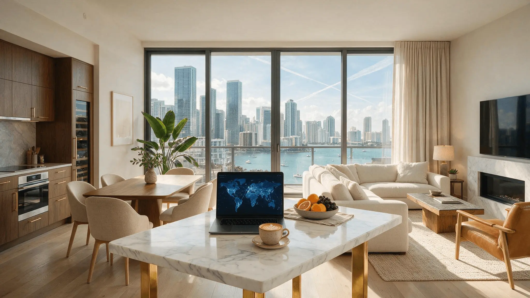 A modern high-rise condo with a laptop on the table, ideal for corporate travelers and digital nomads in Miami.