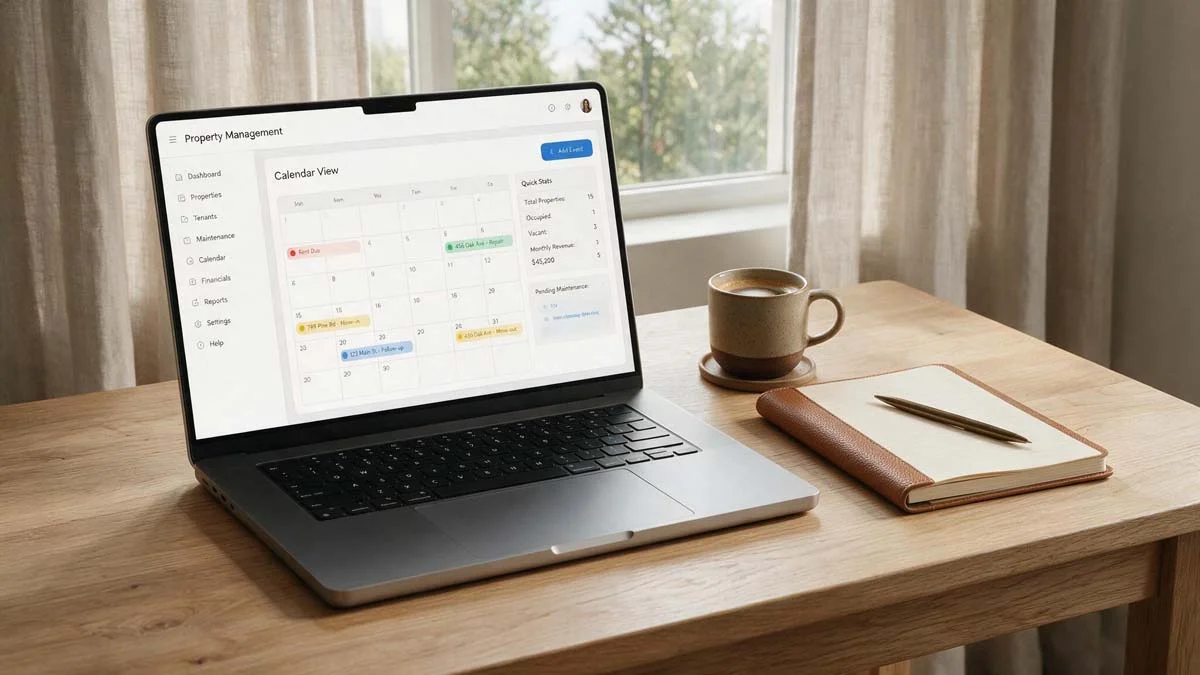 An open laptop displaying a property management calendar on a desk next to a coffee cup