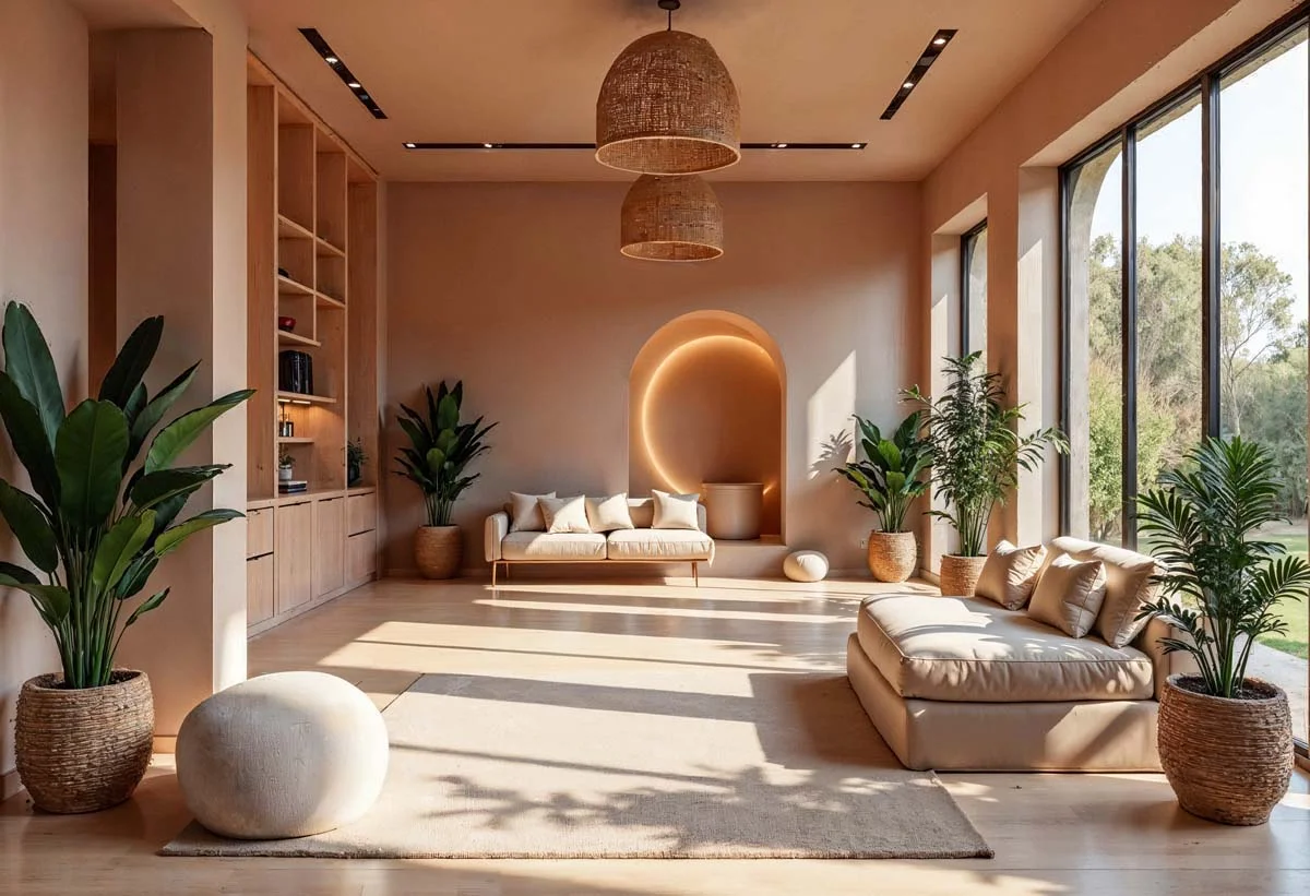 Bright, modern open-concept living room with cream sectional sofa, dining area, rattan hanging chair, wood floors, and contemporary ceiling fan