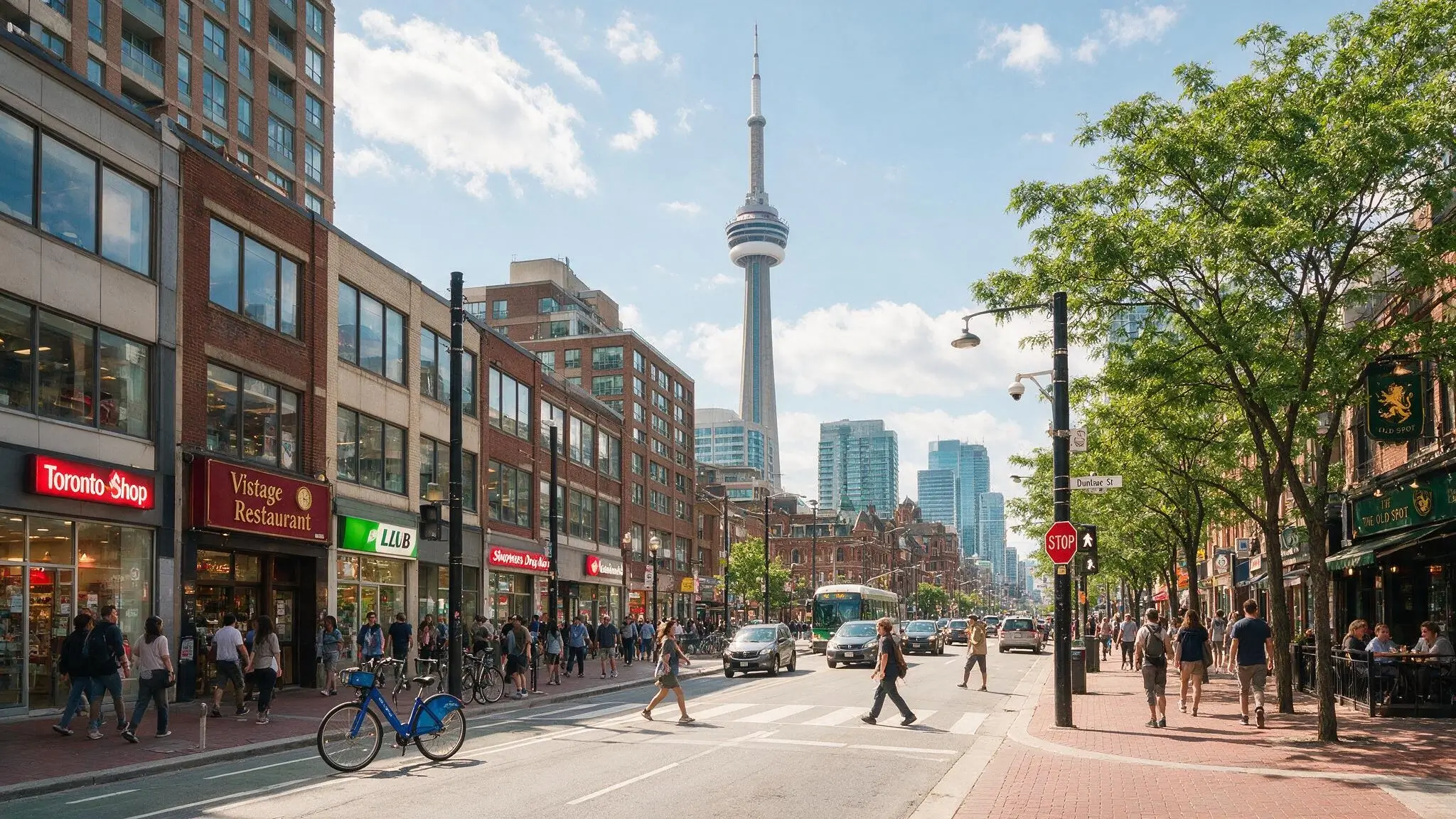 Downtown Toronto street view featuring the CN Tower and urban buildings