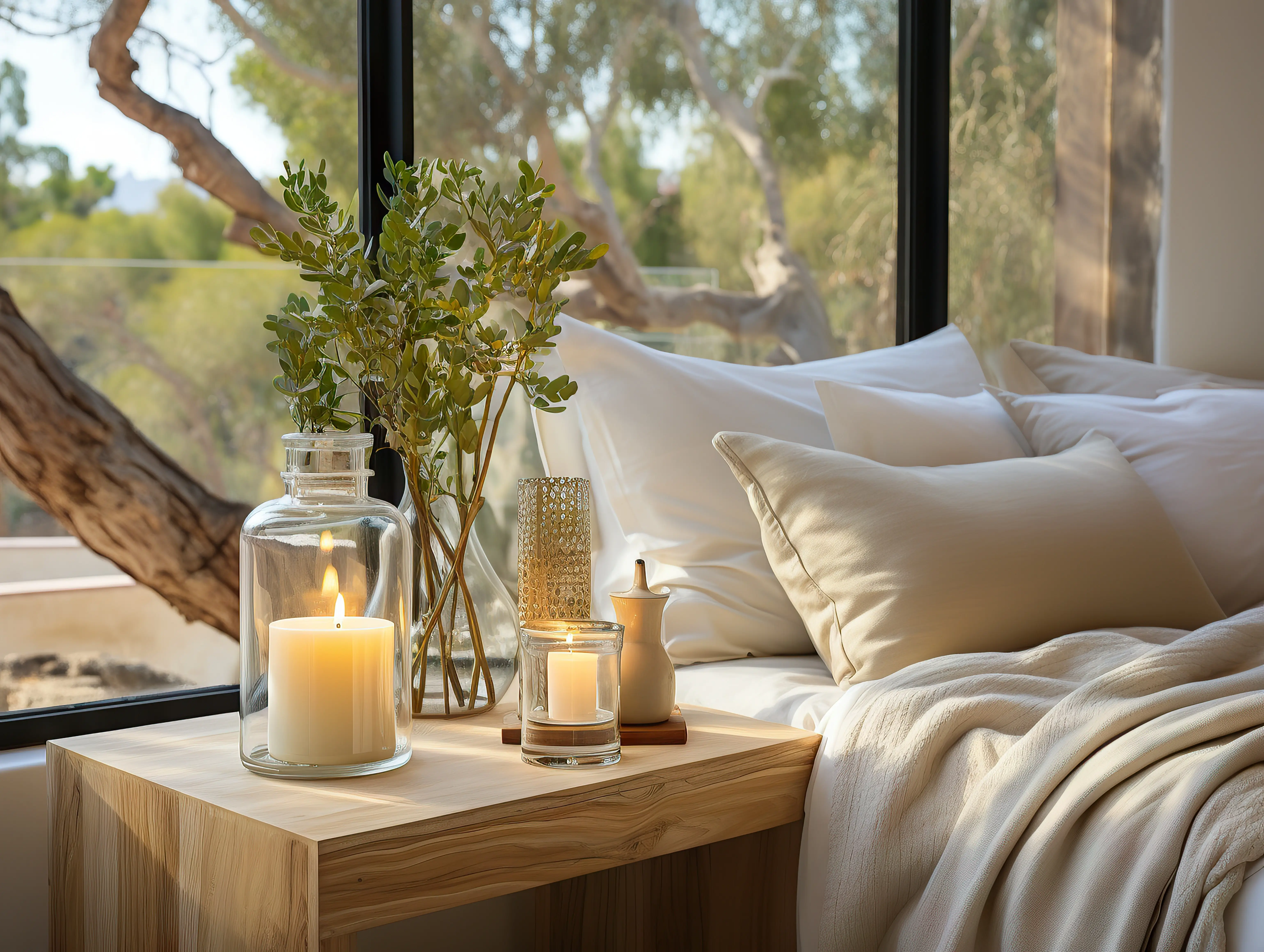 Freshly staged Airbnb bedroom with clean white linens and towels ready for guest check-in