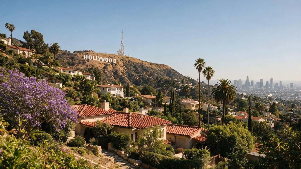 Hollywood Hills property with terracotta-roofed homes and lush landscaping overlooking the Los Angeles skyline