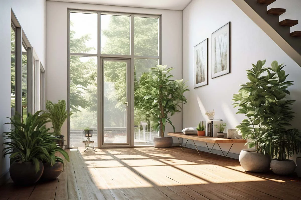 Living area with white walls, wood accents, and windows bringing in natural light