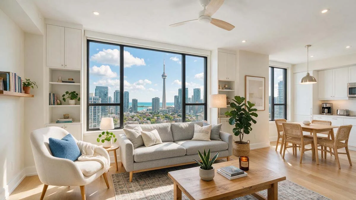 Modern living room in a Toronto condo used for short-term rentals