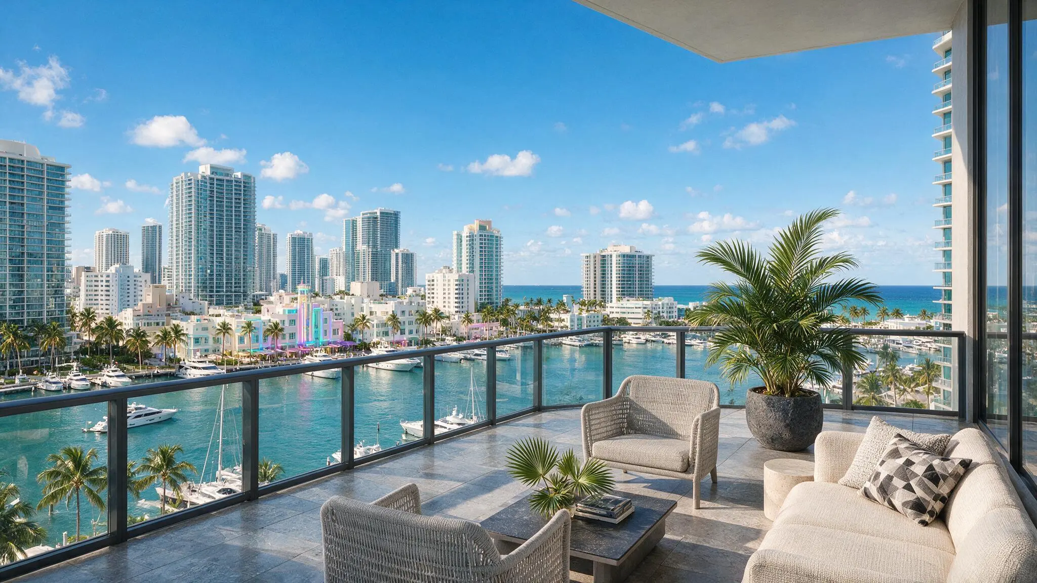 Modern luxury condo balcony overlooking the Miami skyline and ocean bay.