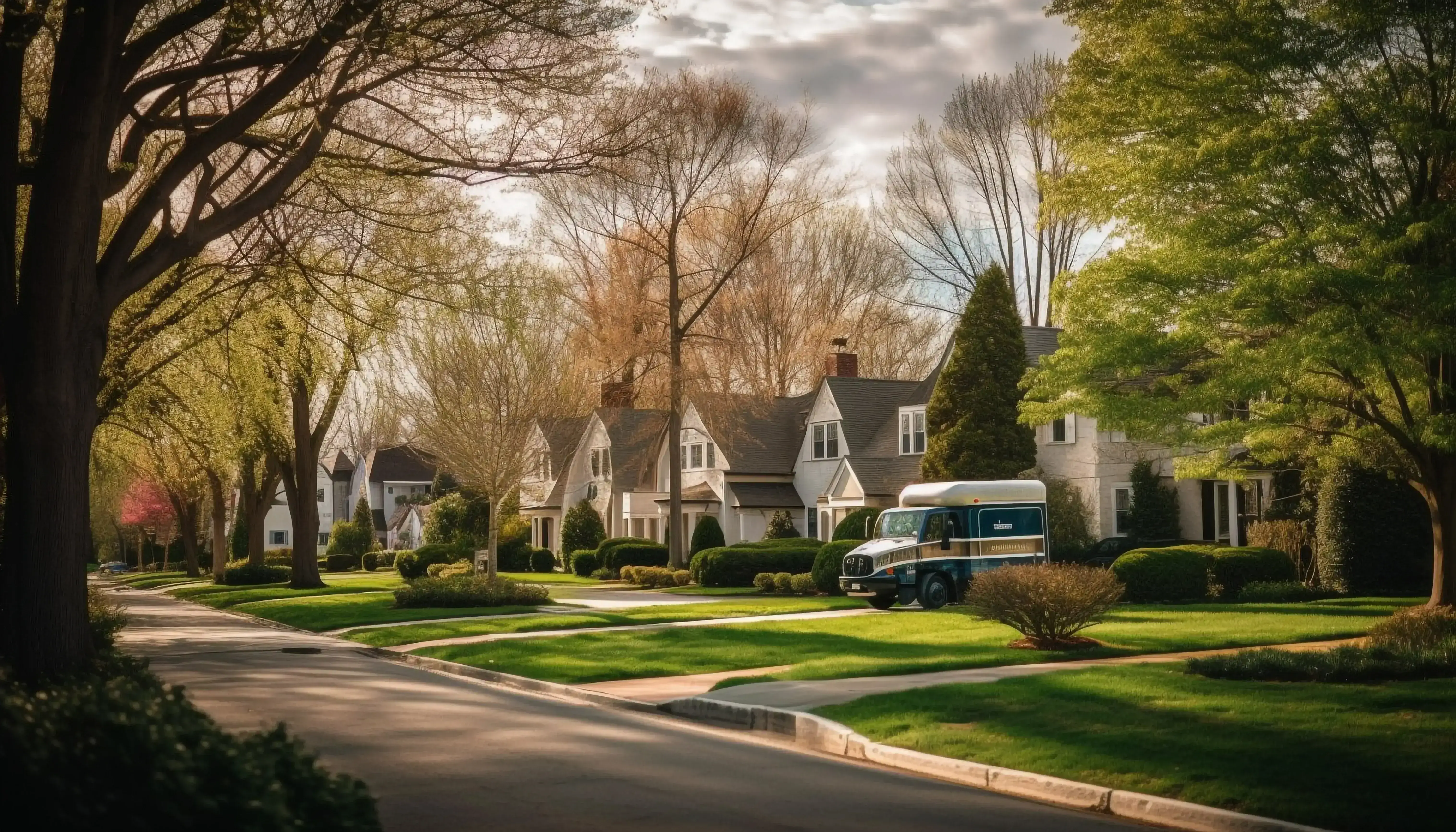 Row of brick townhomes along a suburban street with parked cars and landscaped front yards