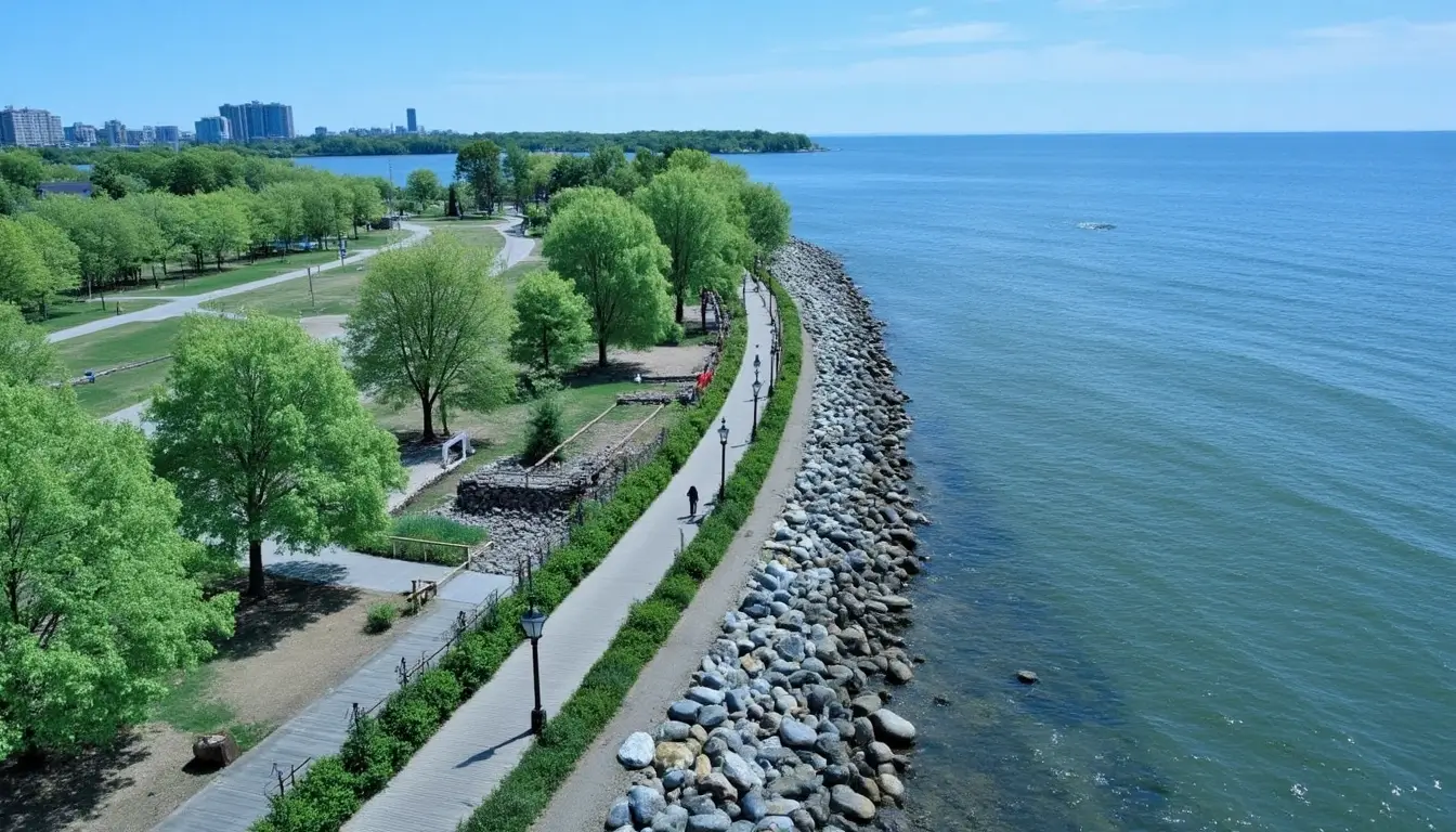 Waterfront park and boardwalk along Lake Ontario in Toronto