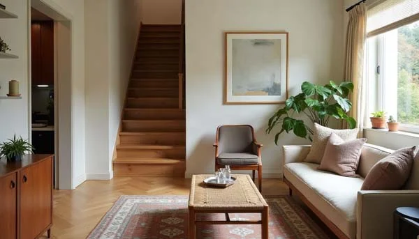 A cozy living room featuring a woven coffee table and an under-stairs bar