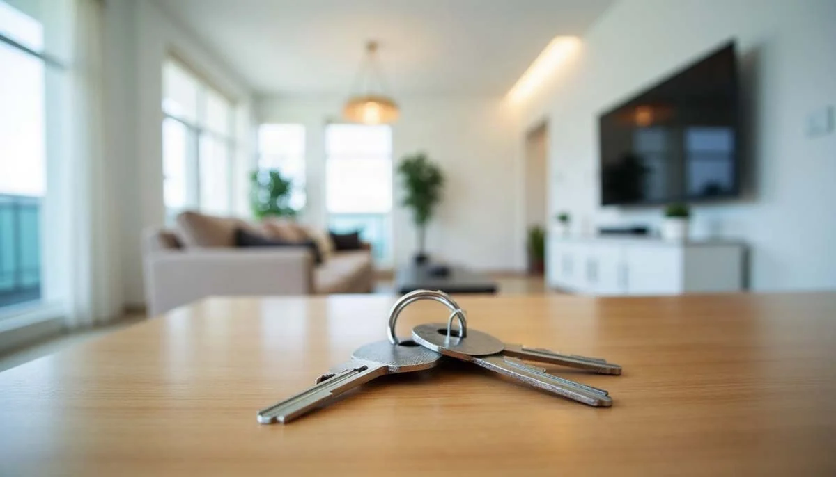 A key sitting on a wooden table in a Miami short-term rental