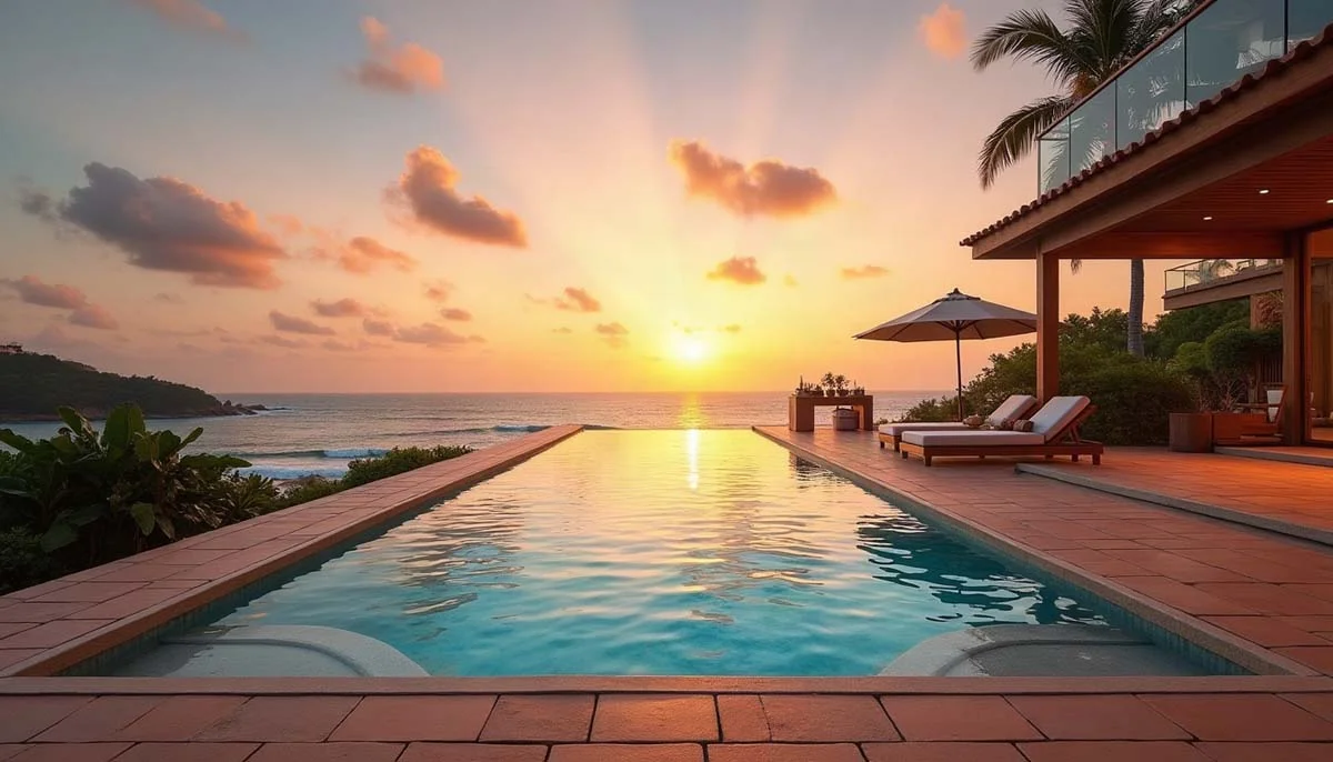 A luxury oceanfront villa features a long lap pool on a terracotta tile patio at sunset