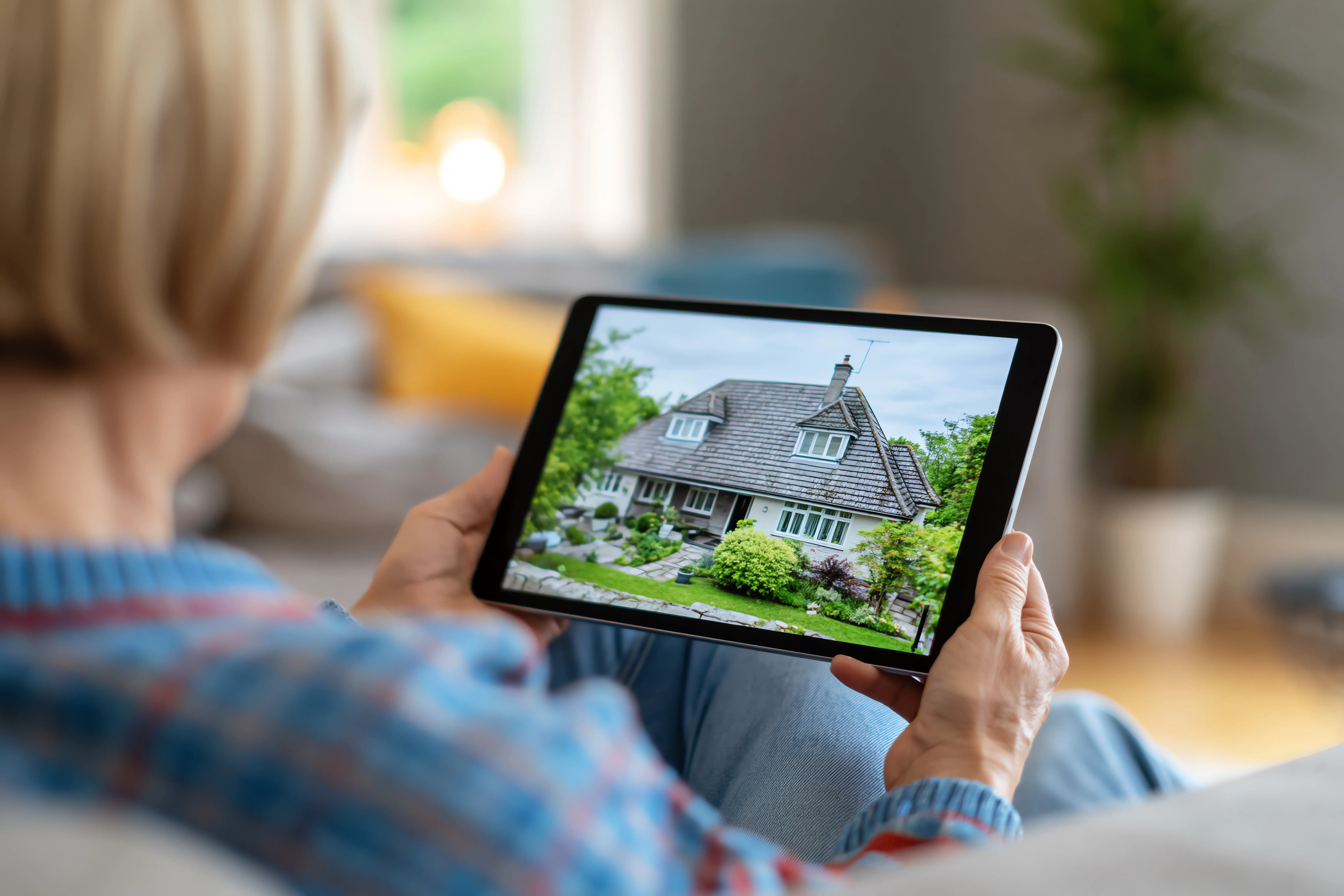 A woman reviewing property listings on a tablet with a house photo displayed