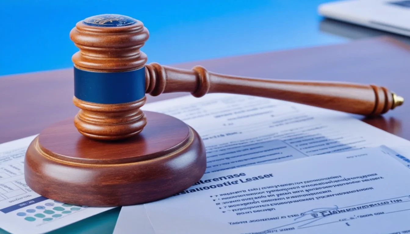 A wooden judge's gavel resting on top of a signed residential lease document.