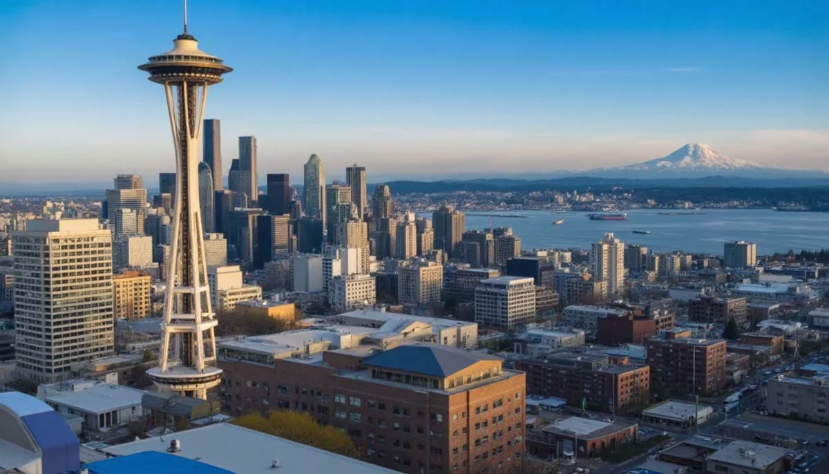 Aerial view of downtown Seattle with the Space Needle, city skyline, Elliott Bay, and Mount Rainier in the distance