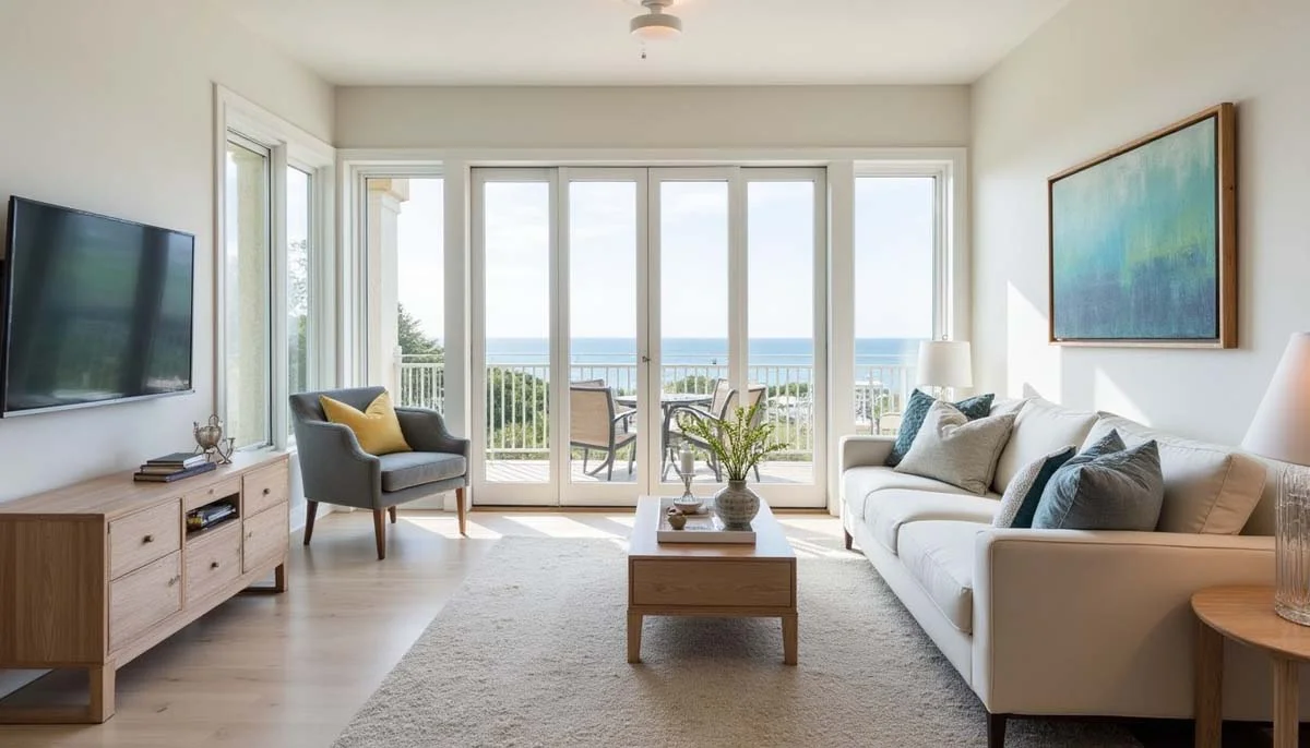 Bright and modern coastal vacation rental living room