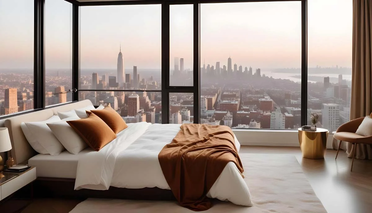 Bright bedroom with a large window overlooking the water and city building