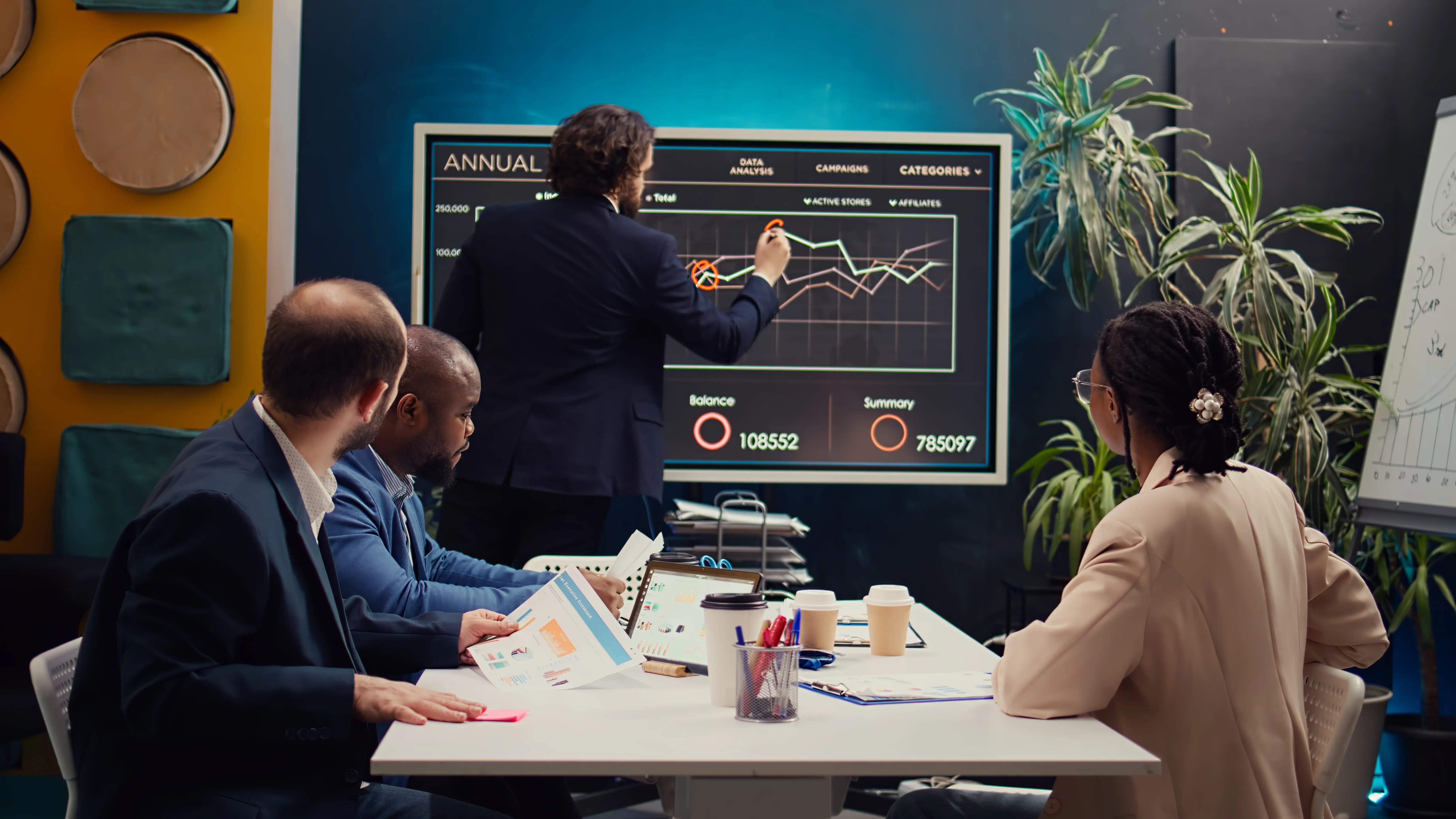 Businessman giving a presentation on data and growth trends in a corporate boardroom.