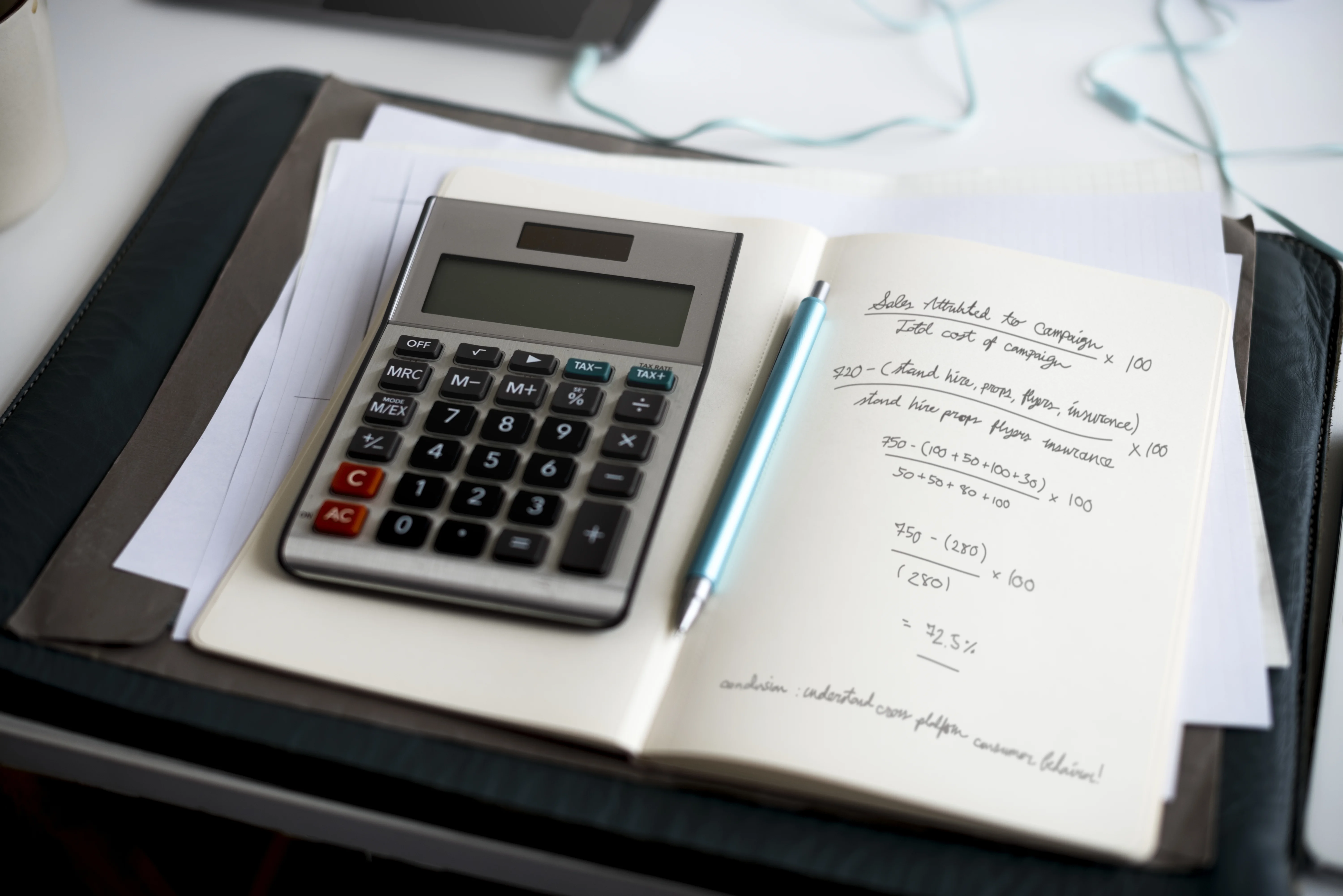 Calculator and financial notes representing business licensing fees and budgeting