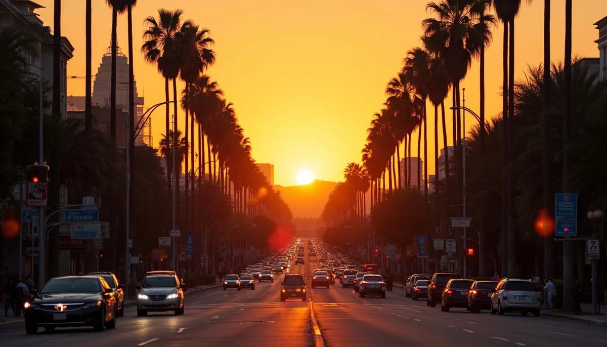 Hollywood Boulevard at sunset with traffic, pedestrians, and palm trees.