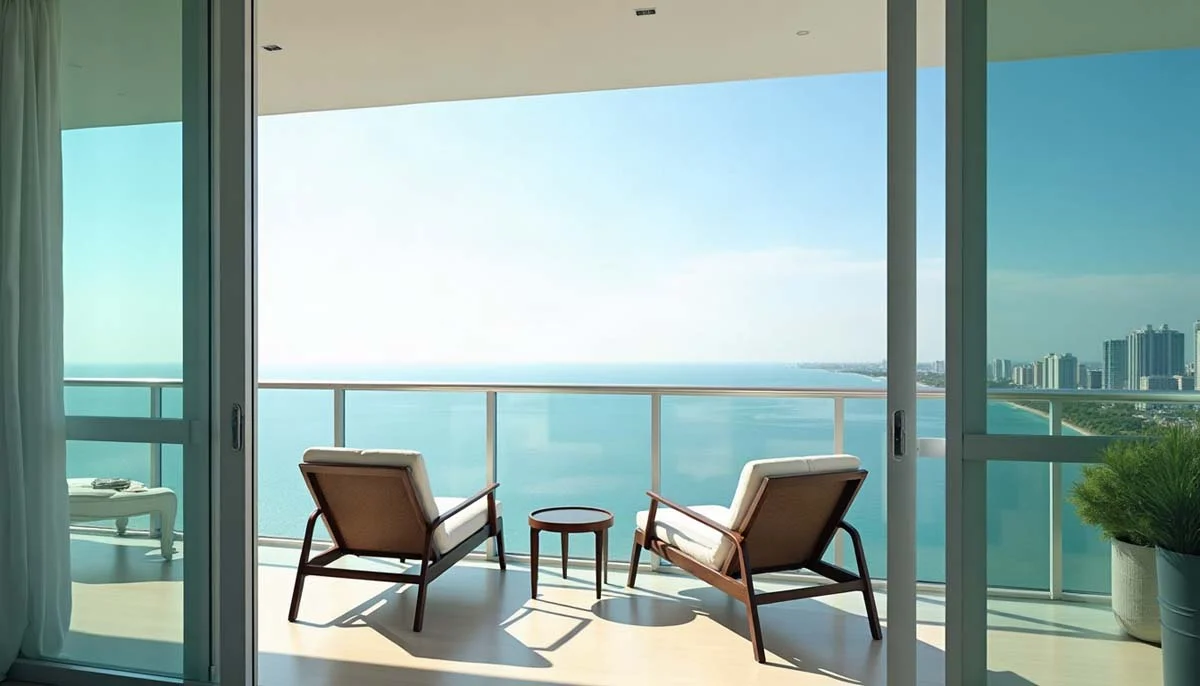 Modern Miami apartment balcony overlooking the ocean with lounge chairs