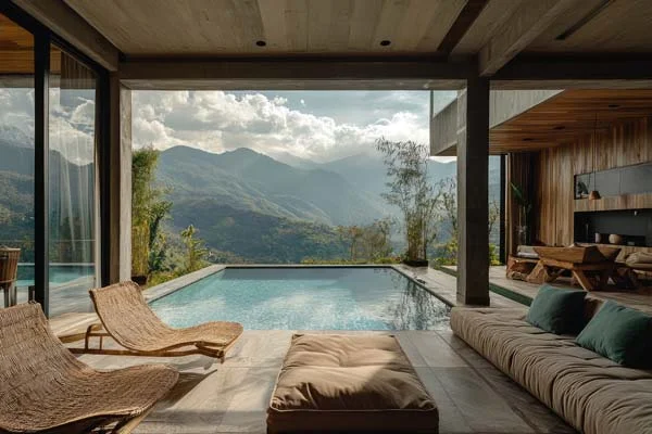 Modern living room opening to a swimming pool and scenic hills