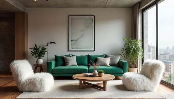 Modern loft living room with a green sofa and white shaggy chairs