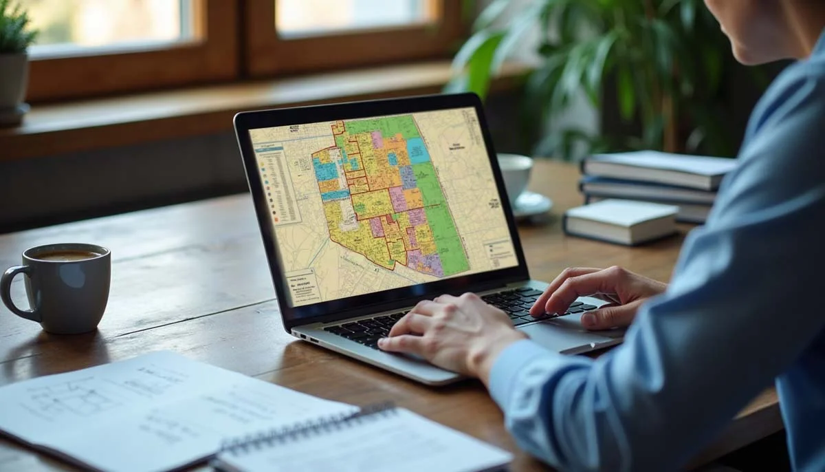 Person checking city zoning map on a laptop computer