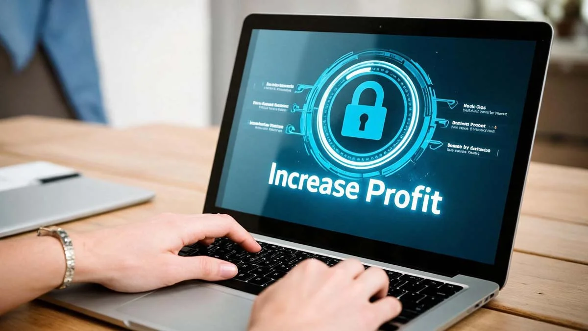 Person typing on a laptop displaying a padlock graphic and the words Increase Profit