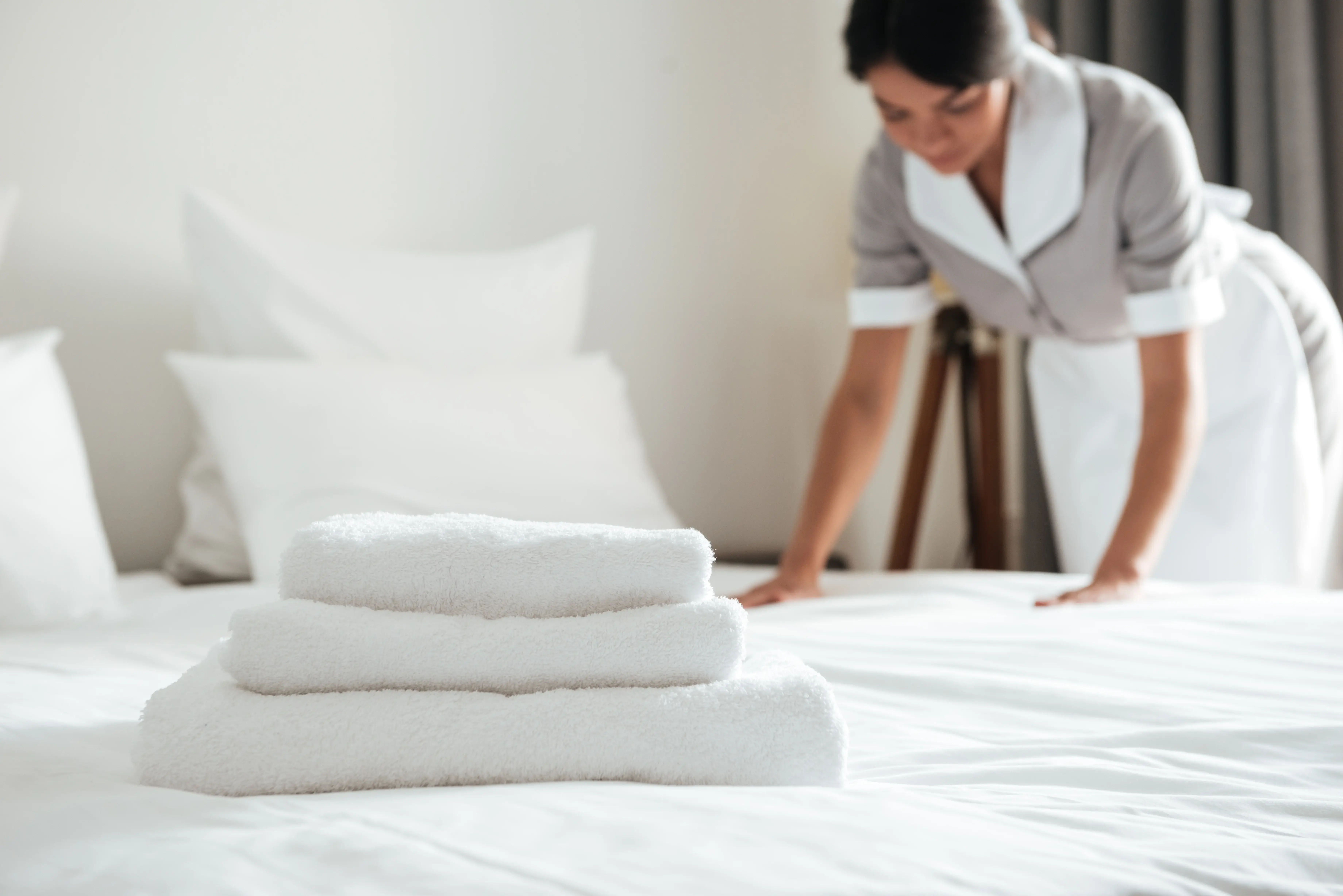 Professional cleaning and property care in a luxury coastal bedroom