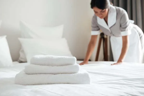 Professional cleaning and property care in a luxury coastal bedroom