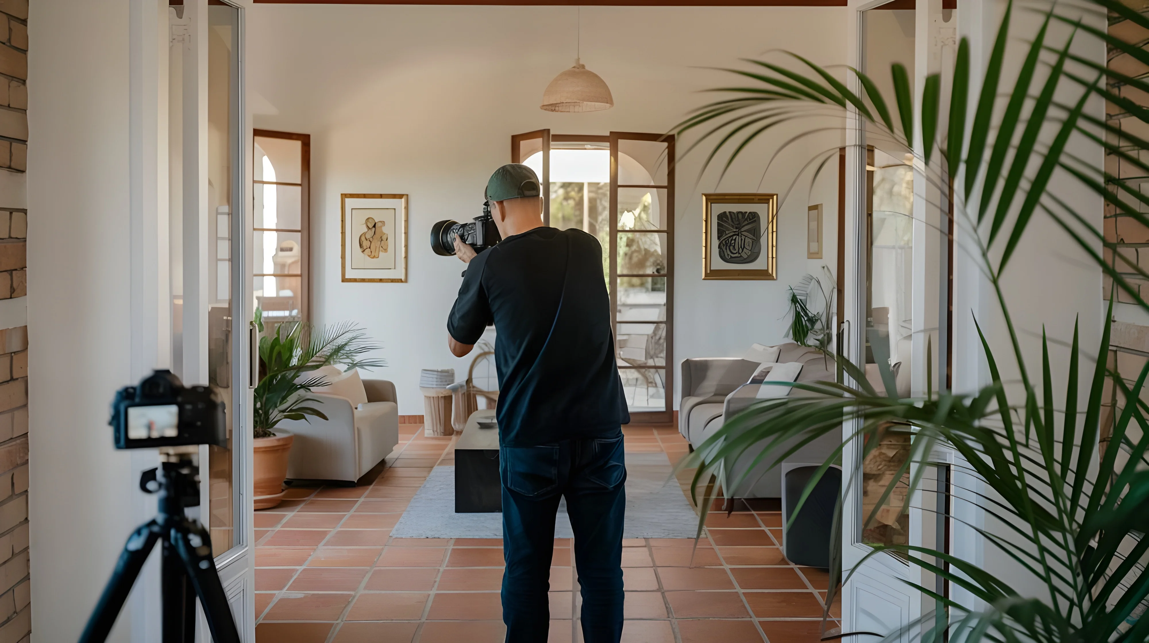 Professional photographer capturing a bright living room for a West Palm Beach Airbnb listing
