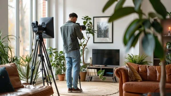 Professional photographer taking pictures of a modern vacation rental interior
