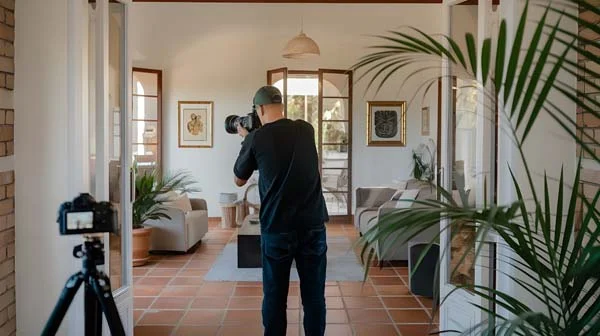 Professional photographer using a camera on a tripod to take photos of a stylish vacation rental bedroom