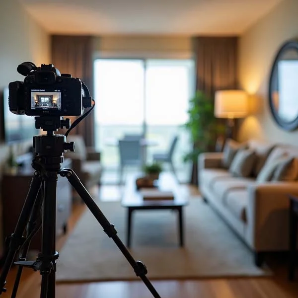 camera and laptop set up for a Broward County vacation rental listing shoot