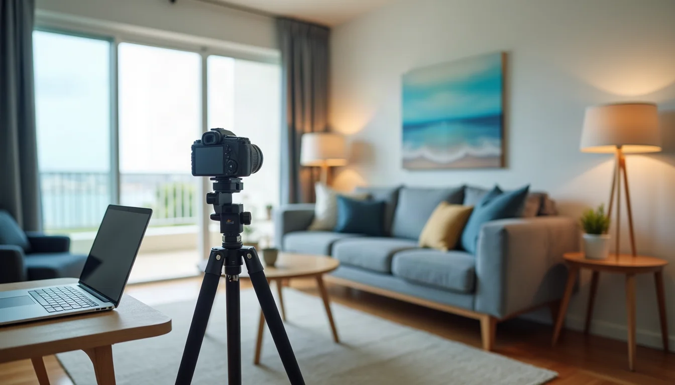 camera and laptop set up for a Lake Worth Beach listing photo shoot