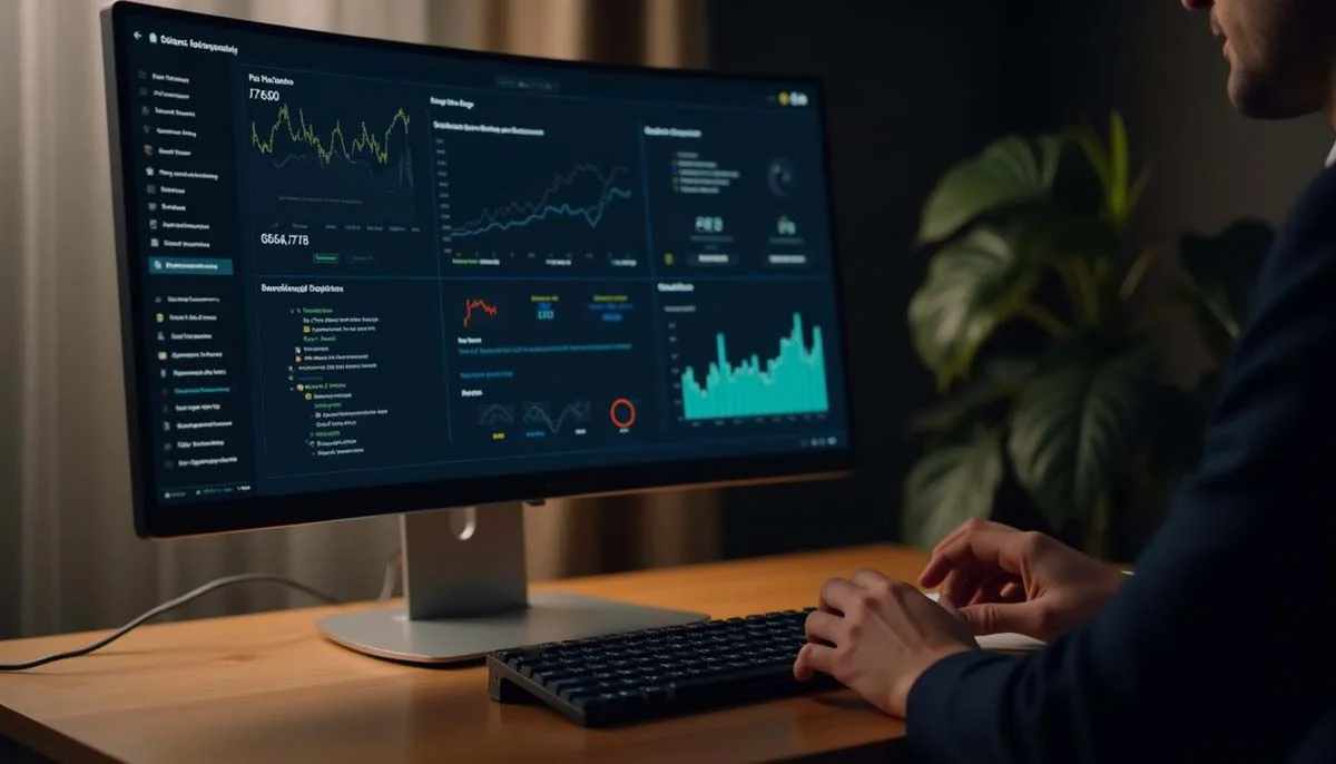 A desktop monitor displays a dark data dashboard on a wooden desk with a hand using a keyboard.