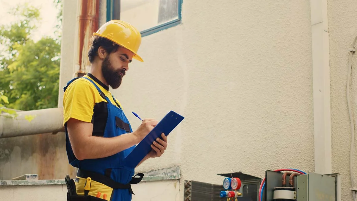 A home inspector wearing a hard hat and holding a tablet points at a front door during an inspection