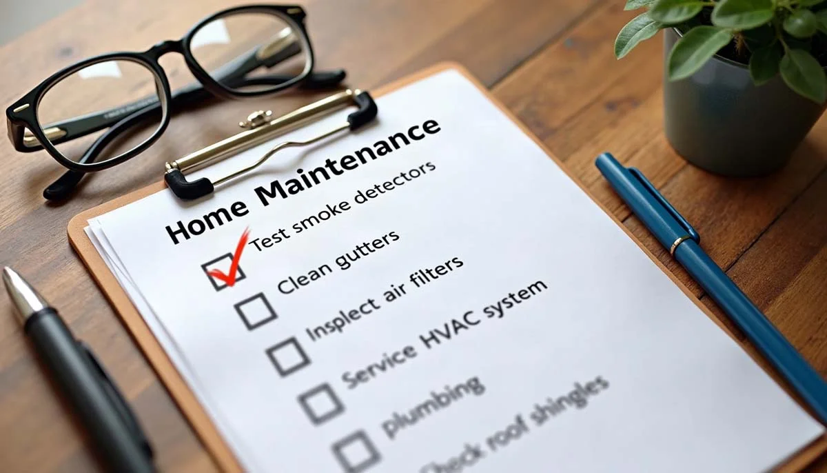 A home maintenance checklist on a clipboard surrounded by a pen and glasses laid out on a wooden table