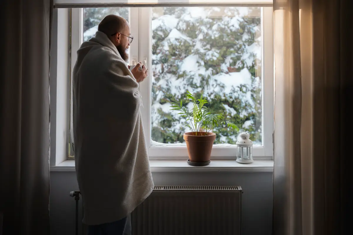 A man with a hot drink looks out a window at a snowy city at night.